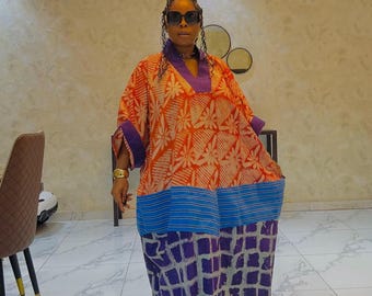 Patchwork Adire Linen Kaftan Dress, Aso-Oke Detail, African Party Wear