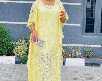 Yellow Cord Lace Maxi Dress, Handmade Nigerian Kaftan with Headwrap