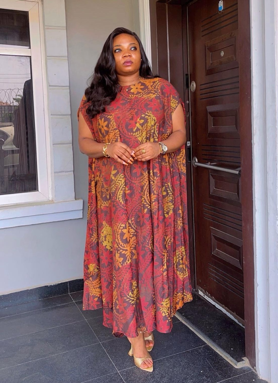 Hand-Dyed Adire Crepe Dress, Flowy Midi Gown, Sister Africa