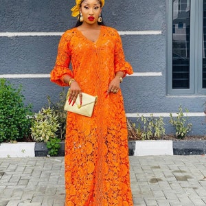 Orange Cord Lace Bubu, Nigerian Luxury Wedding Guest Party Kaftan With ...