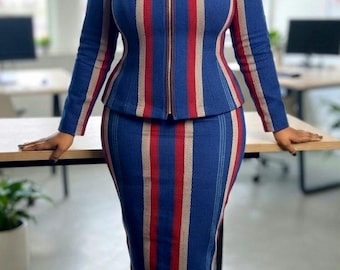 Handmade Aso Oke Skirt Suit, Women Plus Size Corporate Outfit, African Ethnic Handwoven Cotton Workwear, Nigeria Pencil Skirt & Front Zip