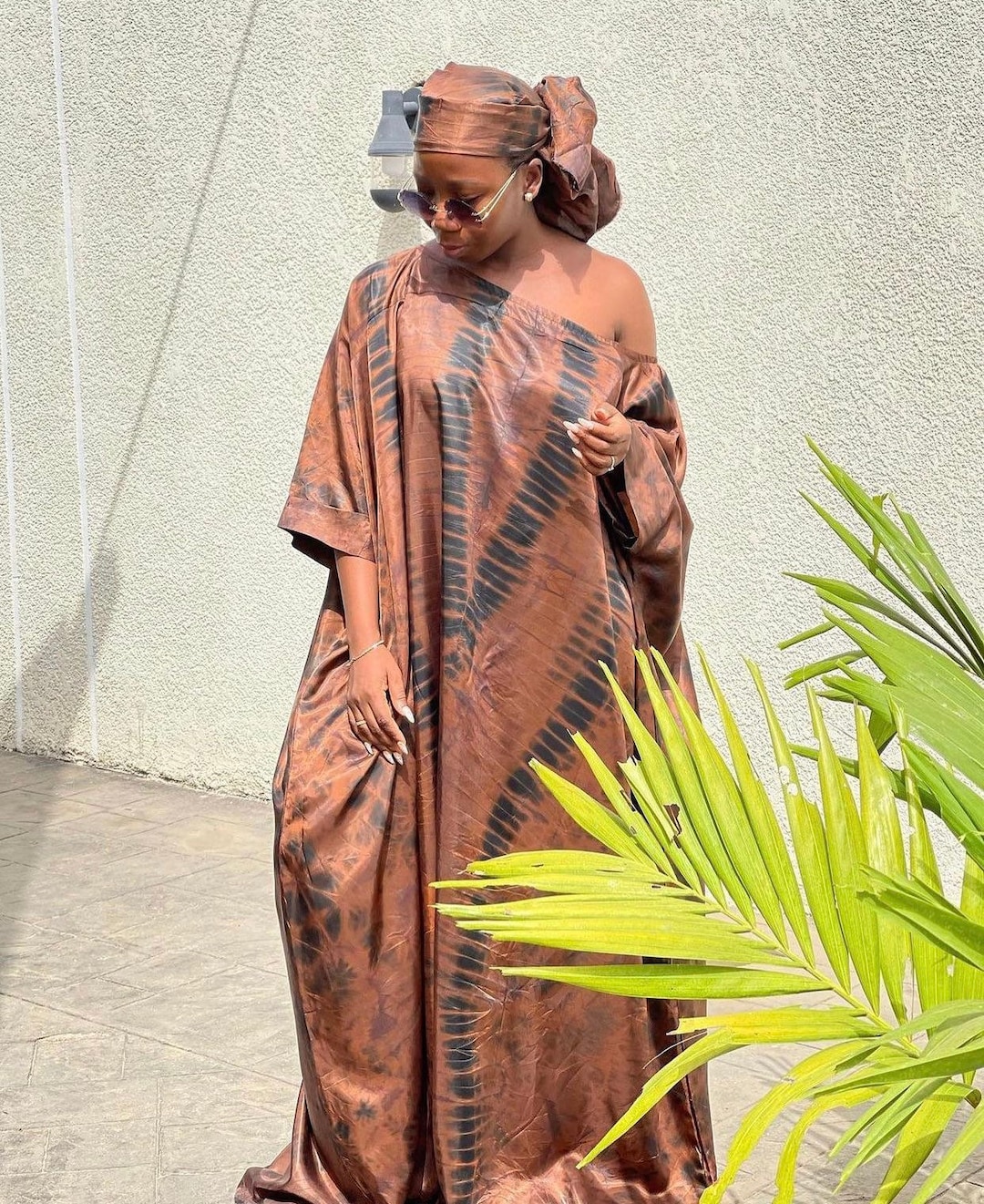 Off Shoulder Tie Dye Nigeria Kaftan With Scarf Long Adire Etsy