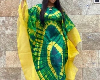 Robe en soie adire du Nigeria, Bubu manches à volants tie-dye, Caftan africain grande taille, Robe de mère en tissu d&#39;Ankara, Robe d&#39;anniversaire de mariage Asoebi