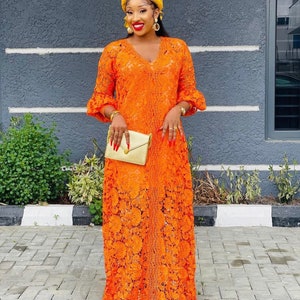 Orange Cord Lace Bubu, Nigerian Luxury Wedding Guest Party Kaftan With ...