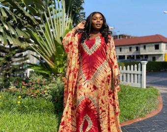 Handmade Tie Dye Silk Caftan Dress, Adire African Maxi Dress