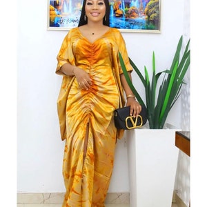 Adire Seide Maxi mit V-Ausschnitt, Kordelzug-Detail Tie Dye Bubu, Mutterschaft Nigeria Kaftan Kleid, langes Afrika Damen Dinner Party Outfit