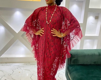 Red Lace Kaftan Dress, Nigerian Bubu Gown, Elegant Wedding Guest Outfit