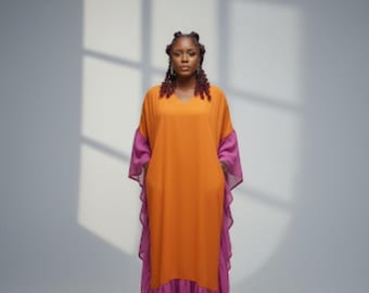 Burst of Colors Flowy Kaftan, Two Tone Chiffon Maxi, Loose Fit Stylish Occasion Bubu, Trendy Nigeria Party Outfit,  V Neck Ruffles Boubou