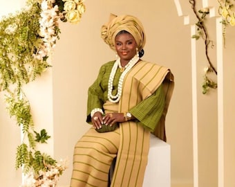 Nigerian Yoruba Iro & Buba Set | Stripe Cotton Aso Oke! Onjaowu Occasion Cloth | Traditional Yoruba Wedding Outfit | African Bridal Attire