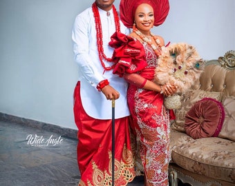 Red Igbo Bride Couple Wedding Attire, Matching Custom George Outfit for Bride and Groom, Nigeria Traditional Isi Agu Man and Woman Dress