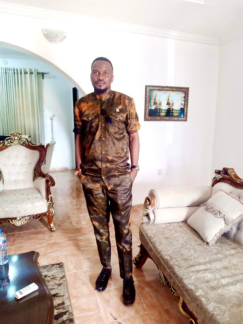 2 Piece Adire Silk Mens Suit, Tie Dye Shirt With Matching Trousers