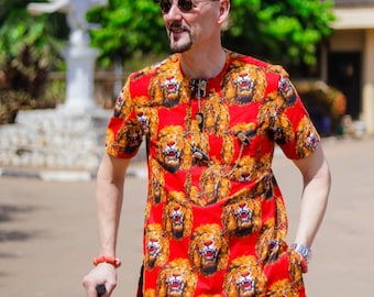 Red Lion Head Isiagu Shirt with Igbo Cap, Nigerian Wedding Outfit