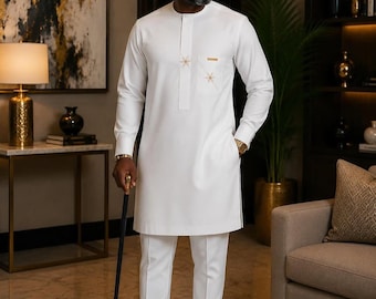 Nigeria Men White Kaftan, Luxury African Wedding Attire, Cotton Senator Suit, Men Shirt Two Piece, Groomsmen Matching Outfit, Groom Cloth