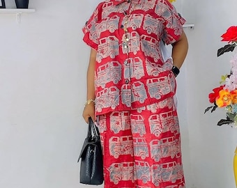 Adire Cotton Palazzo Pant Set: Hand-Stamped Danfo Bus Print, Plus Size