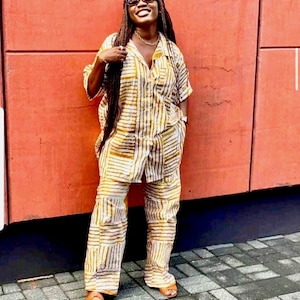 Vibrant Adire Cotton Shirt Pant Set, Kampala African Print 2 Piece, Ankara Co-Ord for Women, Casual Nigerian Summer Vacation Outfit Her