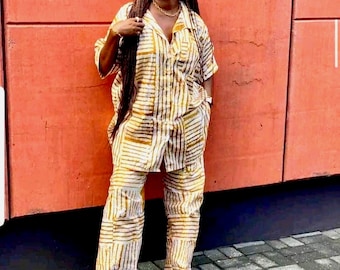 Vibrant Adire Cotton Shirt Pant Set, Kampala African Print 2 Piece, Ankara Co-Ord for Women, Casual Nigerian Summer Vacation Outfit Her