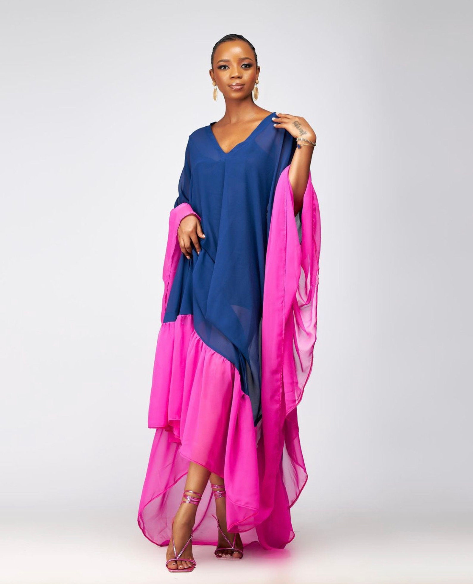 Boho Long Chiffon Gown with Ruffles Ink Blue main image 0