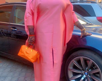 Front Slit Peach Mikado Silk Kaftan, Batwing Sleeves Dress, Handmade Nigerian Wedding Guest Dress, African Occassion Bubu, Mothers Day Gown