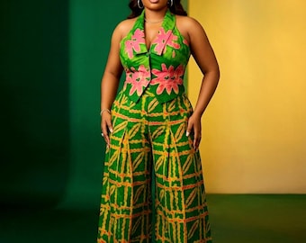 Handmade Cotton Batik Halter Top Set, Wide Leg Trousers Outfit, Hand Dyed Nigeria Fabric Co Ord, Tailored Adire Office Suit, Matching 2 pc