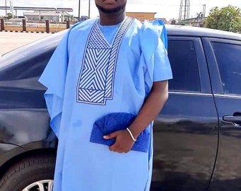 Blue Swiss Cotton Agbada Set, Nigerian Men's Native Suit, Short Sleeve Traditional Wear