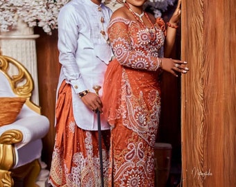 Brown Igbo Couple Matching Wedding Attire, Beaded Indian George Outfit for Bride and Groom, Nigeria Traditional Isi Agu Man and Woman Dress