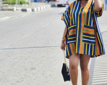 Ankara Dashiki Shift Dress, Wax Cotton Party Gown