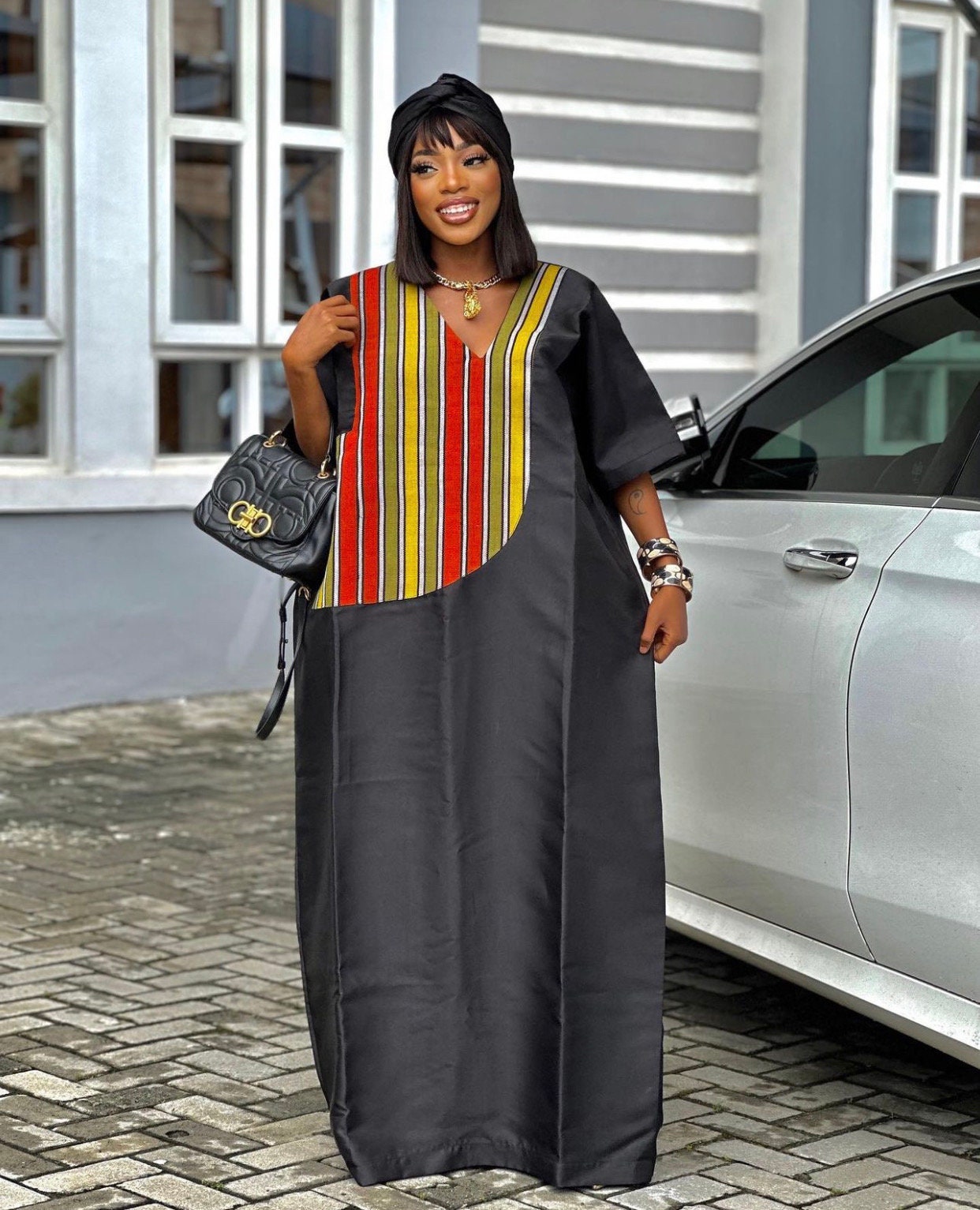 African Cocktail Dress With Aso-oke Neck, Women Plus Size Nigeria