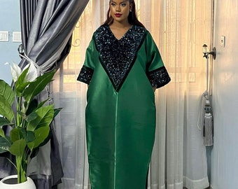 Green Nigeria Party Dress, Mikado Silk Bubu, Sequin Wedding Guest Outfit, Ethnic African Gift for Her, Church Occasion Tunic, Asoebi Photo