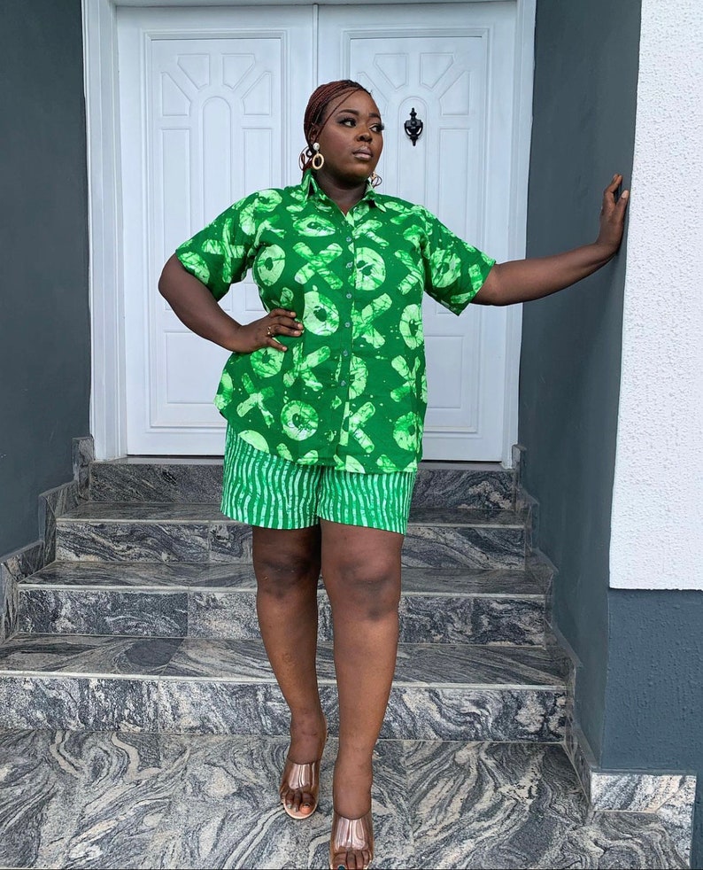 Green and Cream Adire Combo Shirt