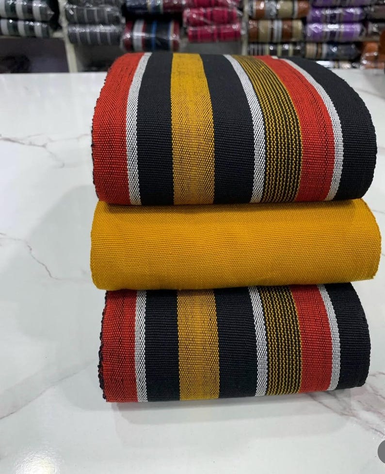 3 bundles of Colorful Mustard Yellow, Mud Red  and Black Aso Oke Nigeria Fabric