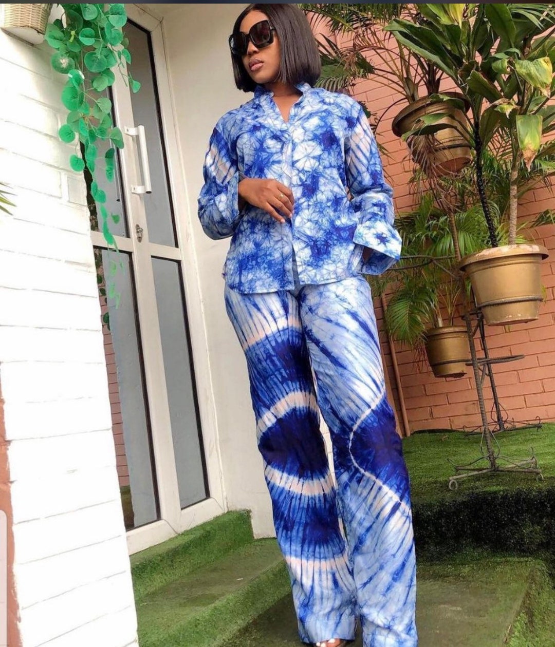 Adire Silk Two Piece Trouser and Shirt Set, Long Sleeve Shirt Set