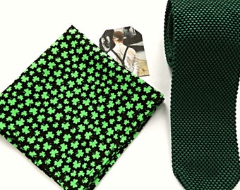 Tie, pocket square, green knitted tie, green pocket square, wedding tie, green floral pocket square, shamrock pocket square