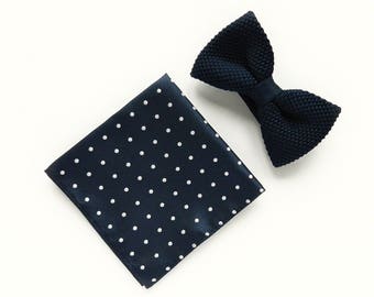 Navy blue polka dot knitted bow tie Pre-tied bow tie polka dot | Etsy