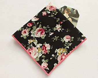 Black floral pocket square, Floral pocket square, wedding pocket square, Vintage floral pocket square, Black pocket square