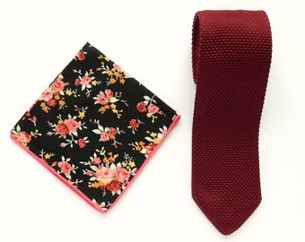 tie floral burgundy pocket square pink groomsmen him gift maroon knit