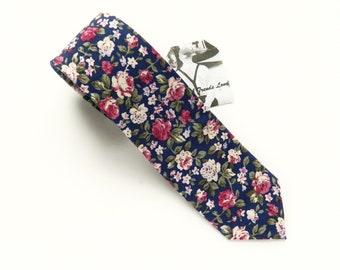 Dark navy floral tie pocket square wedding tie skinny floral | Etsy