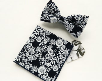 Navy blue floral bow tie, Floral pocket square, Pre-tied bow tie, Groom's bow tie, Wedding bow tie, Navy blue floral bow tie