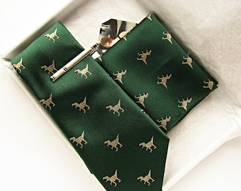Dinosaur tie, green dinosaur tie, dinosaur pocket square, wedding tie, dinosaur print tie, standard width tie, Tie Clip, groom's tie