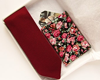 Burgundy tie, knitted tie, floral pocket square, wedding tie, burgundy knitted tie, necktie, groom's tie, wedding ideas