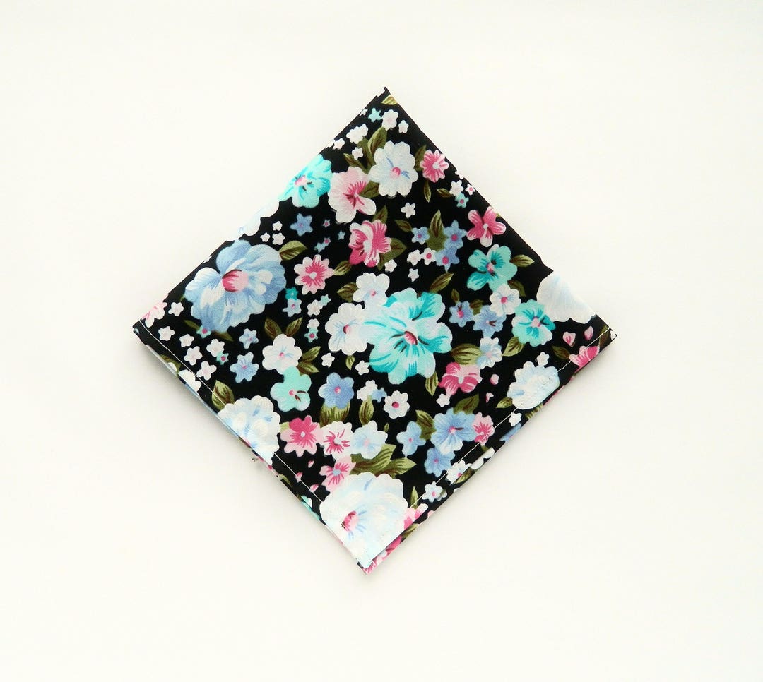 Floral Pocket Square, Black Blue Pocket Square, Wedding Pocket Square