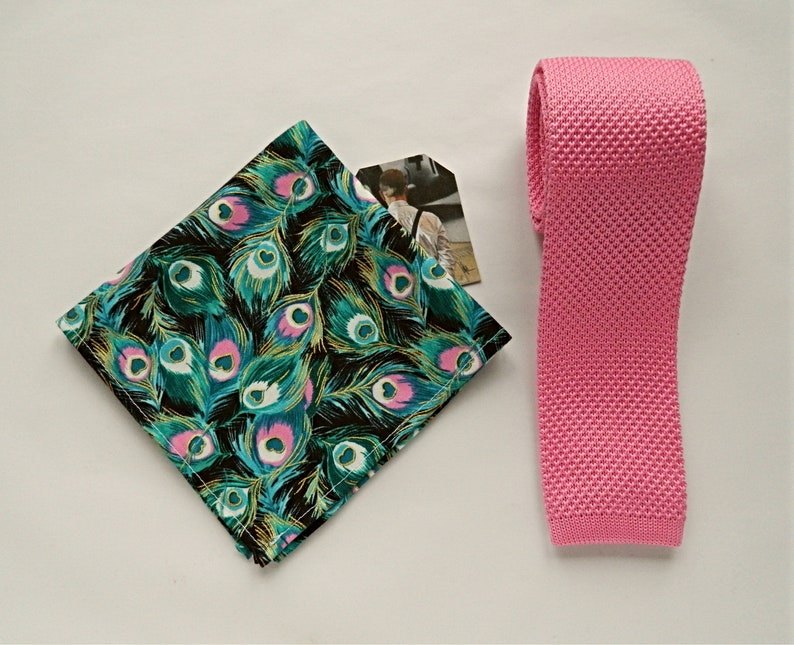 peacock pocket square wedding tie pocket square Pink knitted tie groom/'s tie Pink tie