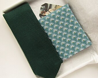 Green knitted tie, Green pocket square, Wedding tie, Green knit tie, Green Necktie, Groom's tie, Men's pocket square