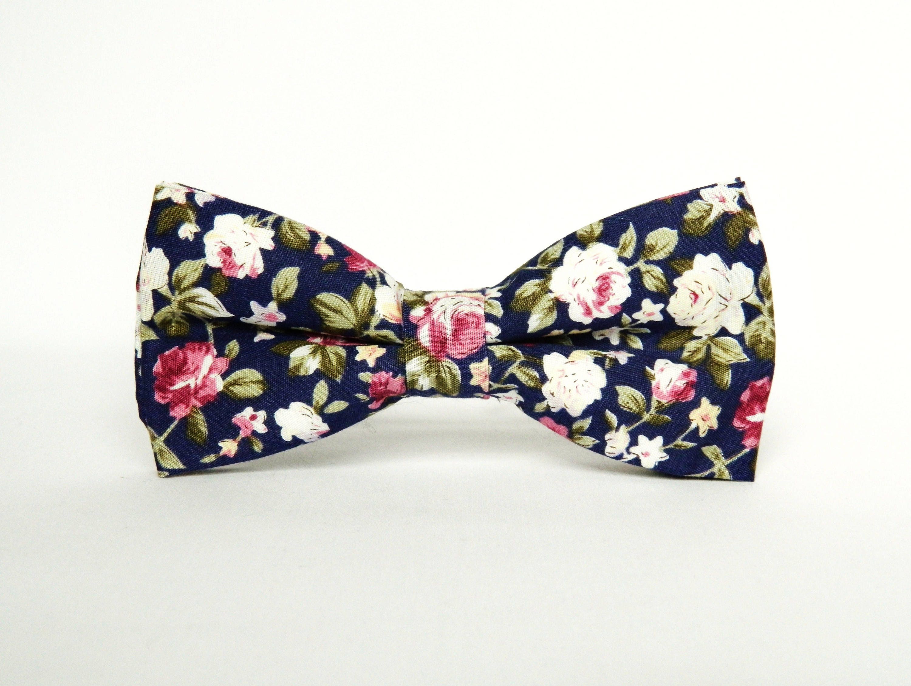 Bow tie navy blue floral bow tie Pretied bow tie wedding bow Etsy
