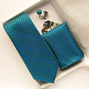 Teal tie, Teal Pocket Square tie, Blue-Green tie, wedding tie, Teal Blue tie, standard width tie cufflinks