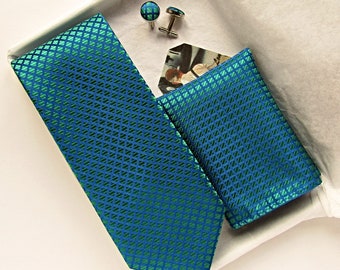 Teal tie, Teal Pocket Square tie, Blue-Green tie, wedding tie, Teal Blue tie, standard width tie cufflinks