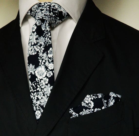 Dark navy floral tie floral pocket square wedding tie gift | Etsy