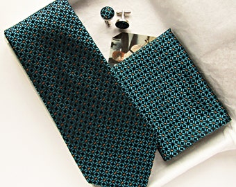 Cravate bleu sarcelle, cravate bleu sarcelle, cravate bleu-vert, cravate de mariage, cravate imprimée cyan, boutons de manchette de cravate de largeur standard