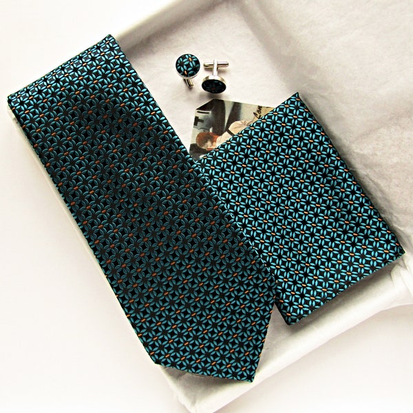 Teal tie, Teal Pocket Square tie, Blue Green tie, wedding tie, Cyan print tie, standard width tie cufflinks