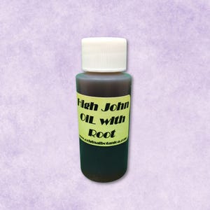 May include: A small, dark-colored bottle with a white cap. The bottle has a yellow label with the text "High John Oil with Root." The liquid inside appears to be a deep brown color. The background is a light purple.