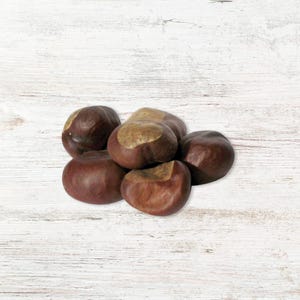 May include: A cluster of brown chestnuts with a light tan patch on top. The chestnuts are smooth and shiny, with a rich, dark brown color. They are arranged in a small pile, with some overlapping. The background is a white wooden surface.